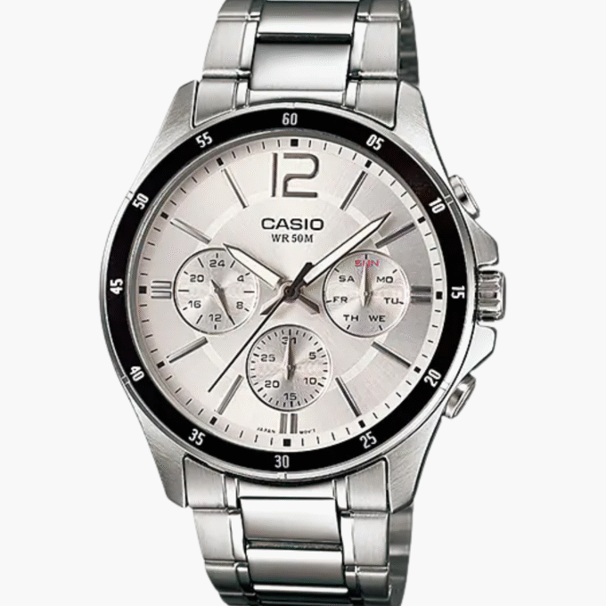 Montre CASIO Homme - Bracelet Gris En Acier Inoxydable - Cadran Blanc - 12 Mois De Garantie - MTP-1374D-7AVDF