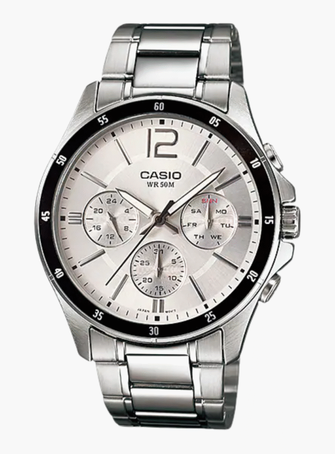Montre CASIO Homme - Bracelet Gris En Acier Inoxydable - Cadran Blanc - 12 Mois De Garantie - MTP-1374D-7AVDF