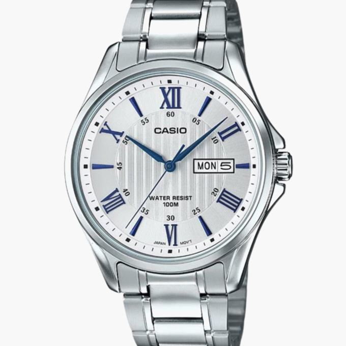 Montre CASIO Homme - Bracelet Gris En Acier Inoxydable - Cadran Blanc - 12 Mois De Garantie - MTP-1384D-7A2VDF