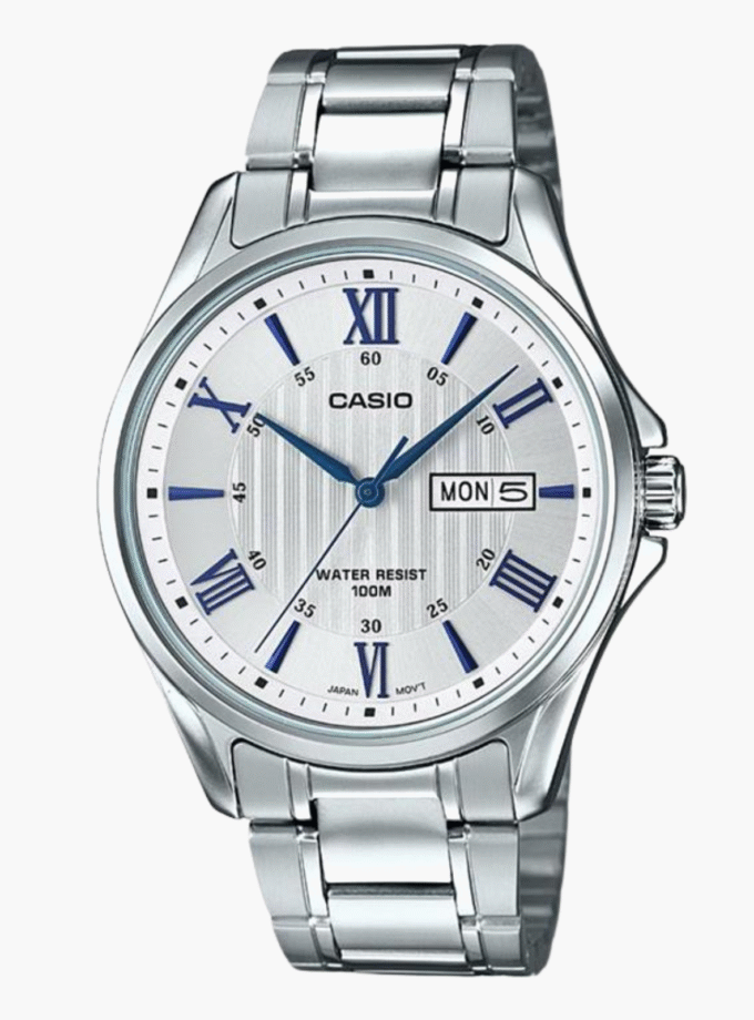 Montre CASIO Homme - Bracelet Gris En Acier Inoxydable - Cadran Blanc - 12 Mois De Garantie - MTP-1384D-7A2VDF