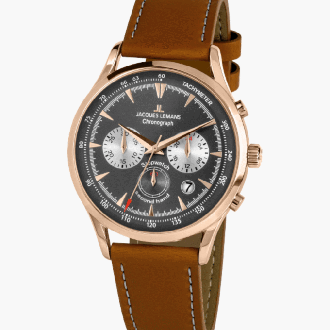 Montre Jacques Lemans Homme - Bracelet En Cuir Véritable Marron - Cadran Rond Gris - Etanche - Garantie 12 mois - 1-2068F