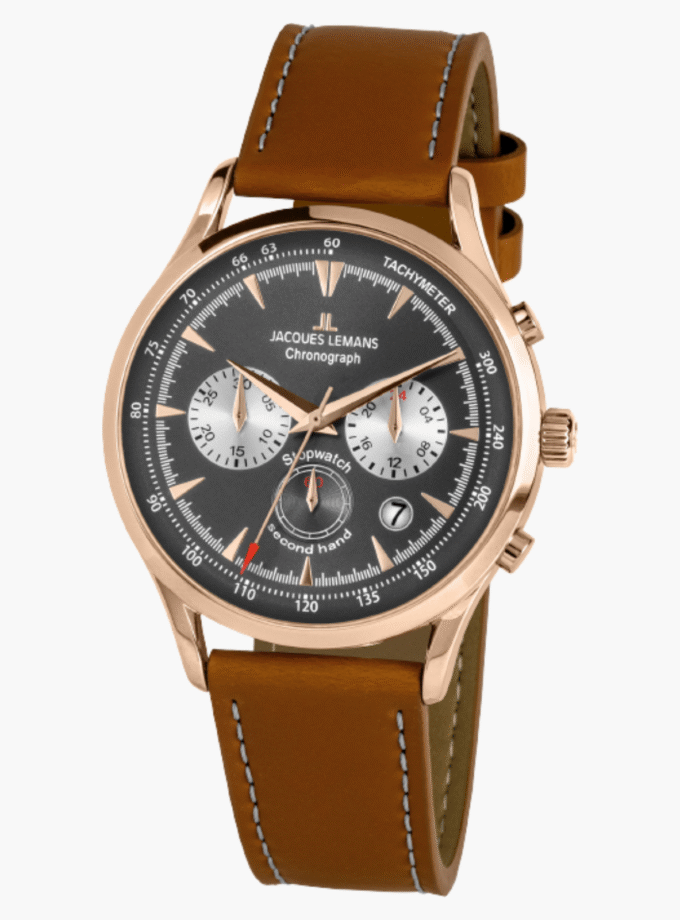 Montre Jacques Lemans Homme - Bracelet En Cuir Véritable Marron - Cadran Rond Gris - Etanche - Garantie 12 mois - 1-2068F