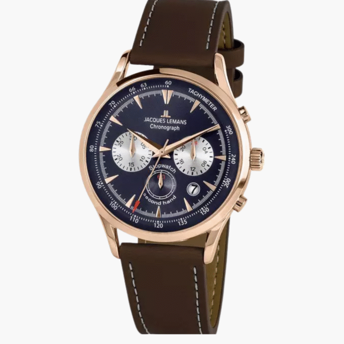 Montre Jacques Lemans Homme - Bracelet En Cuir Véritable Marron - Cadran Rond Bleu - Etanche - Garantie 12 mois - 1-2068G