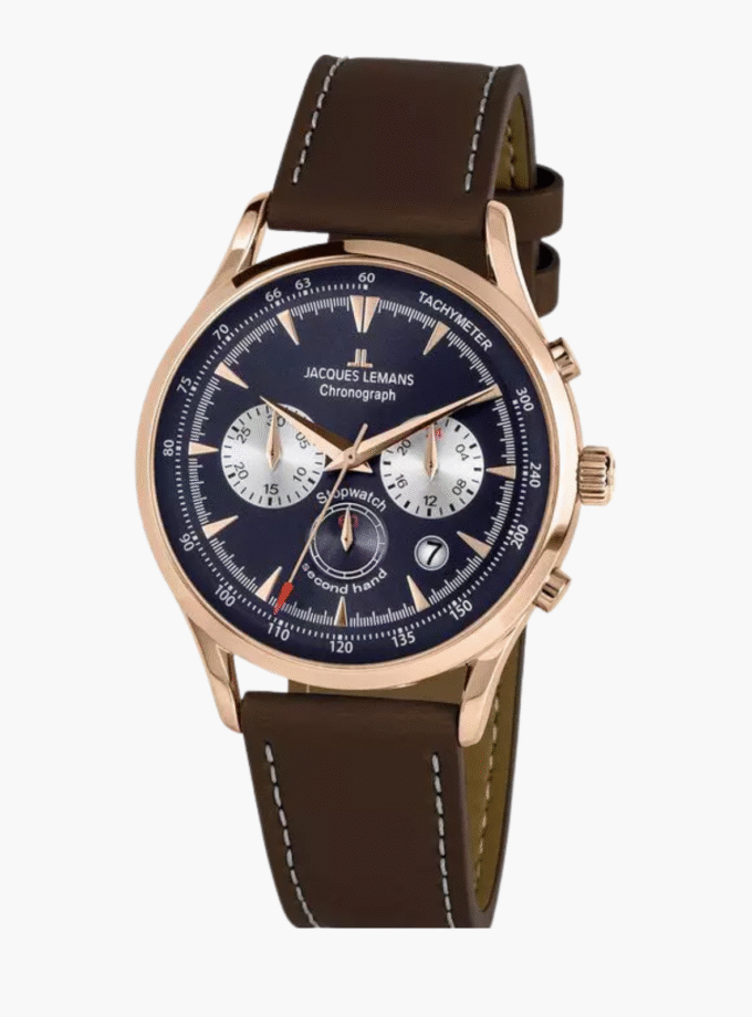 Montre Jacques Lemans Homme - Bracelet En Cuir Véritable Marron - Cadran Rond Bleu - Etanche - Garantie 12 mois - 1-2068G