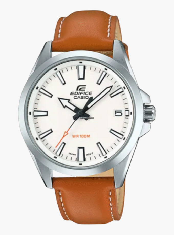 Montre CASIO Homme - Bracelet Marron En Cuir Véritable - Cadran Blanc - 12 Mois De Garantie - EFV-100L-7AVUDF