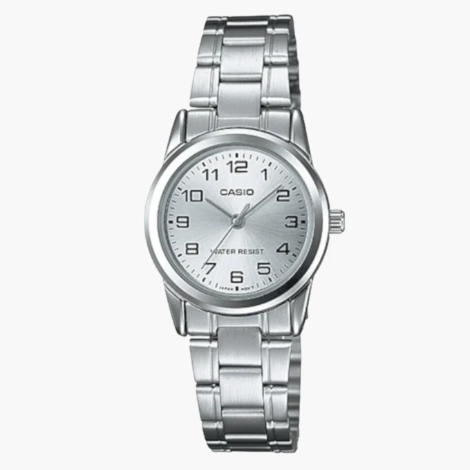 Montre CASIO Femme - Bracelet Gris En Acier Inoxydable - Cadran Blanc - 12 Mois De Garantie - LTP-V001D-7BUDF