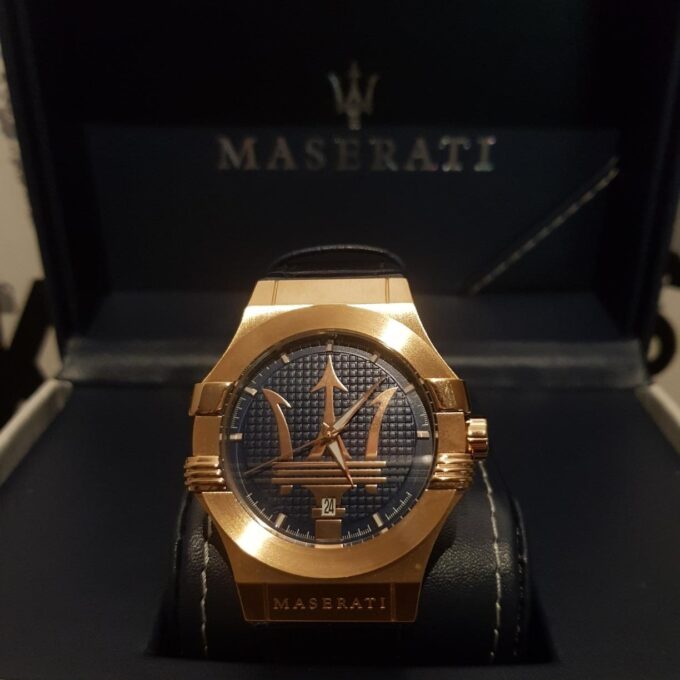 Montre-Bracelet Homme - Maserati Montre Potenza Blue Dial R8851108027 - Bracelet En Cuir Croco Noir Avec Dateur
