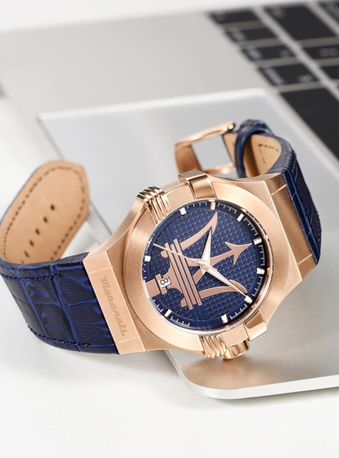 Montre-Bracelet Homme - Maserati Montre Potenza Blue Dial R8851108027 - Bracelet En Cuir Croco Noir Avec Dateur