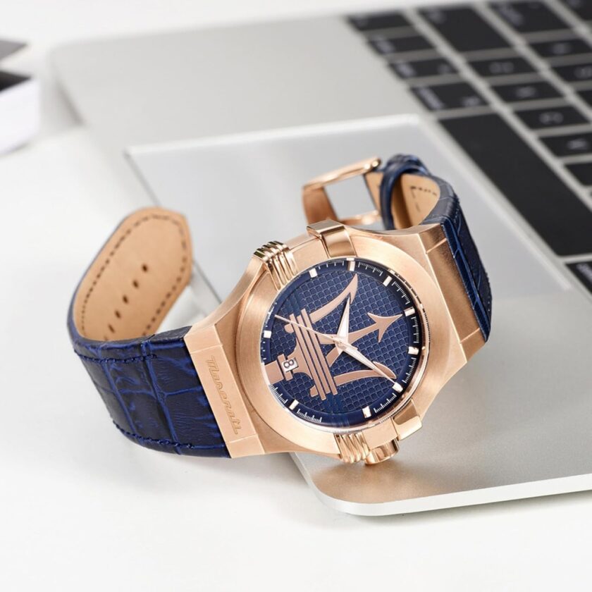 montre bracelet homme maserati montre potenza blue dial r8851108027 bracelet en cuir croco noir avec dateur