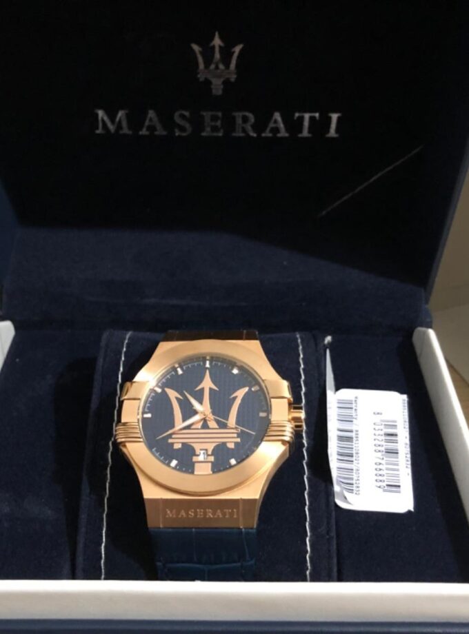 Montre-Bracelet Homme - Maserati Montre Potenza Blue Dial R8851108027 - Bracelet En Cuir Croco Noir Avec Dateur