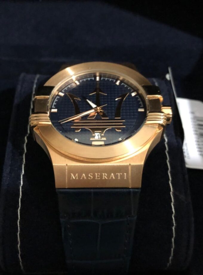 Montre-Bracelet Homme - Maserati Montre Potenza Blue Dial R8851108027 - Bracelet En Cuir Croco Noir Avec Dateur