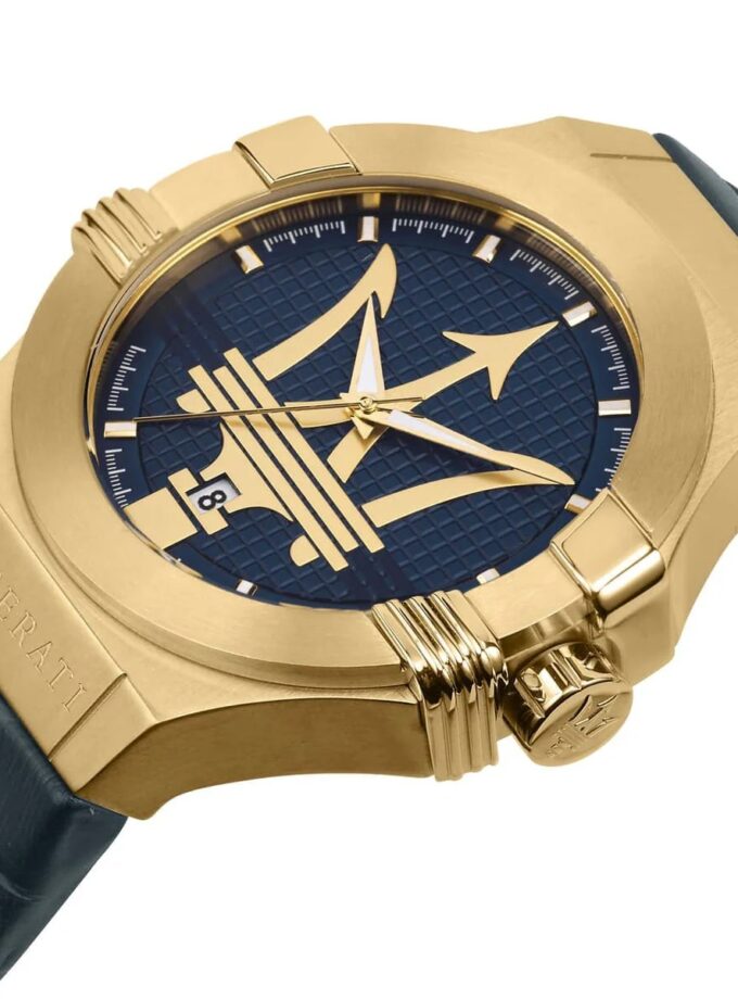 Montre-Bracelet Homme - Maserati Montre Potenza Blue Dial R8851108027 - Bracelet En Cuir Croco Noir Avec Dateur