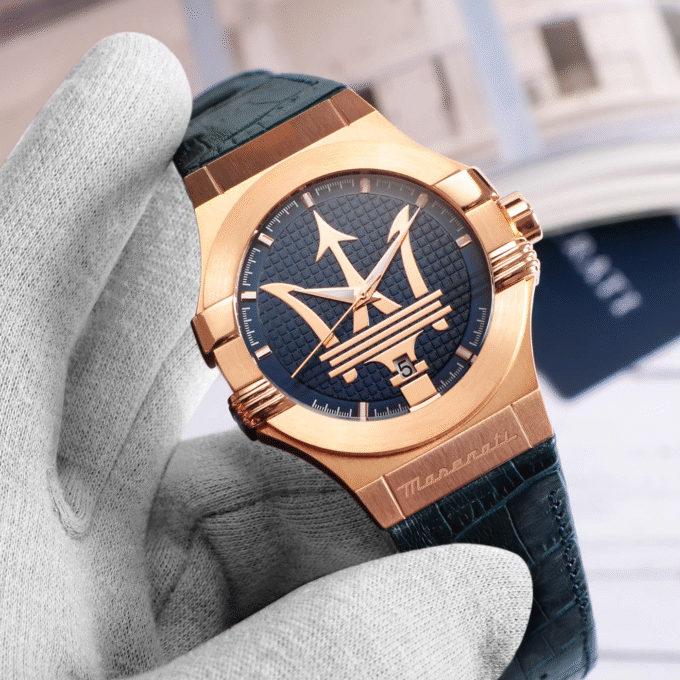 Montre-Bracelet Homme - Maserati Montre Potenza Blue Dial R8851108027 - Bracelet En Cuir Croco Noir Avec Dateur