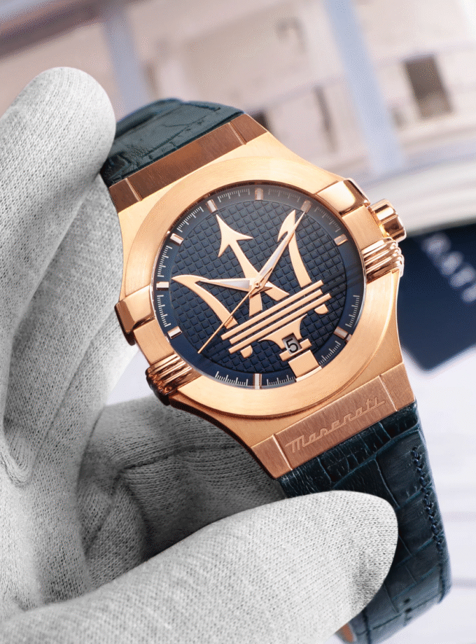 Montre-Bracelet Homme - Maserati Montre Potenza Blue Dial R8851108027 - Bracelet En Cuir Croco Noir Avec Dateur