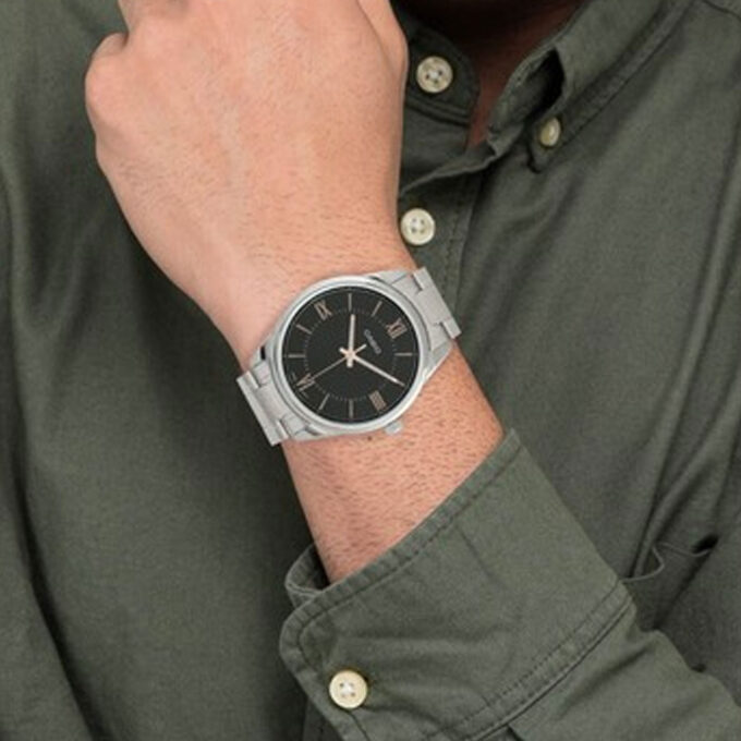 Montre-Bracelet Homme - Casio Collection MTP-V005D-1B5UDF - Bracelet Gris Avec Fond Noir En Acier Inoxydable