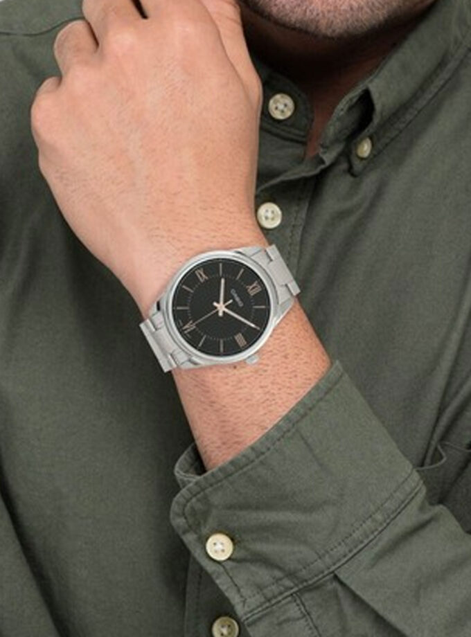 Montre-Bracelet Homme - Casio Collection MTP-V005D-1B5UDF - Bracelet Gris Avec Fond Noir En Acier Inoxydable