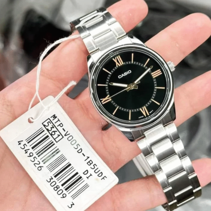 Montre-Bracelet Homme - Casio Collection MTP-V005D-1B5UDF - Bracelet Gris Avec Fond Noir En Acier Inoxydable