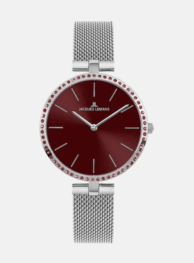 Montre-Bracelet Femme - Jacques Lemans Milano 1-2024W Wristwatch - Bracelet Gris Avec Fond Rouge En Acier Inoxydable