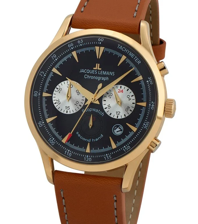 Montre-Bracelet Homme Jacques Lemans - 1-2068J - Bracelet en Marron en Cuir Véritable - Résistance à l'eau 5 ATM