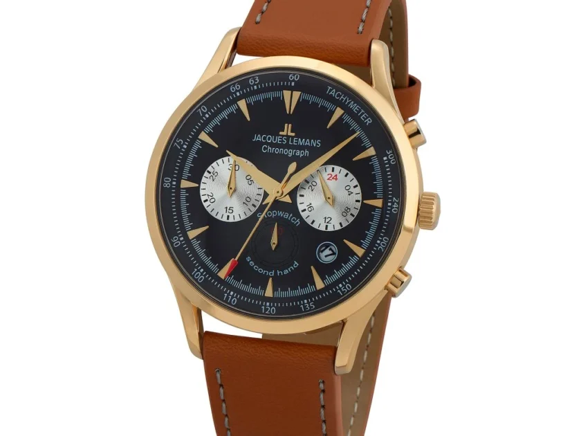 montre bracelet homme jacques lemans 1 2068j bracelet en marron en cuir véritable résistance à l'eau 5 atm