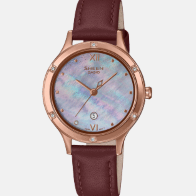 Montre Femme Casio Sheen - SHE-4546PGL-6AUDF - Bracelet Brun en Cuir Véritable - Résistance à l'eau 50 M - Verre Saphir