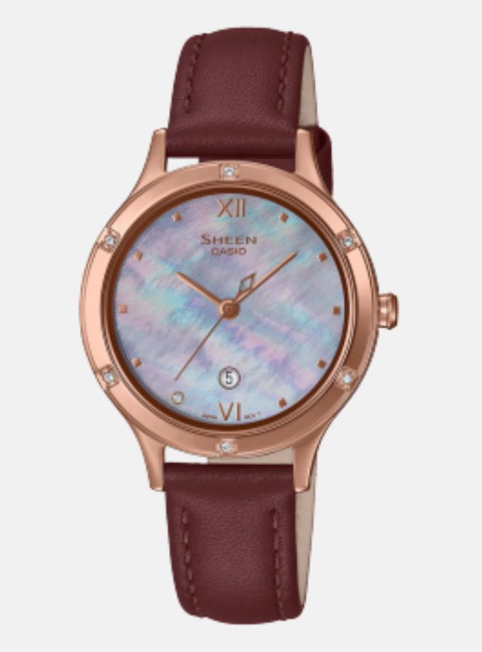 Montre Femme Casio Sheen - SHE-4546PGL-6AUDF - Bracelet Brun en Cuir Véritable - Résistance à l'eau 50 M - Verre Saphir