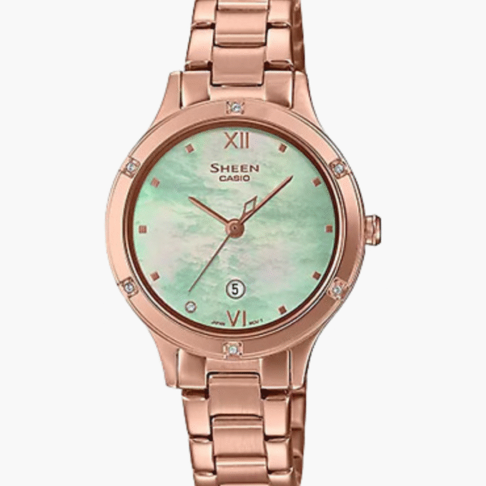 Montre Femme Casio Sheen - SHE-4546PG-3AUDF - Bracelet Dorée Rose En Acier Inoxydable - Résistance à l'Eau 50 M - Verre Saphir