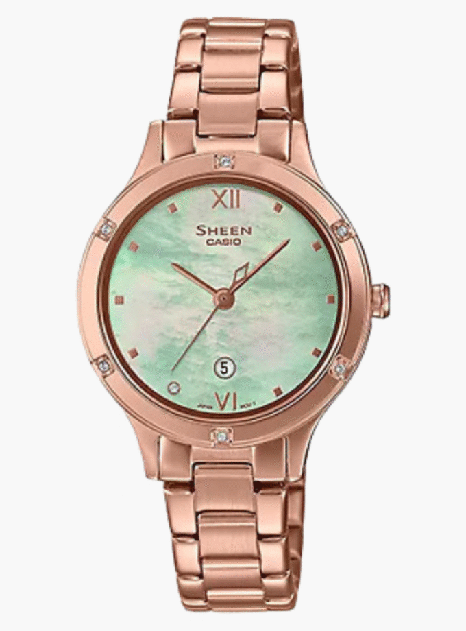 Montre Femme Casio Sheen - SHE-4546PG-3AUDF - Bracelet Dorée Rose En Acier Inoxydable - Résistance à l'Eau 50 M - Verre Saphir
