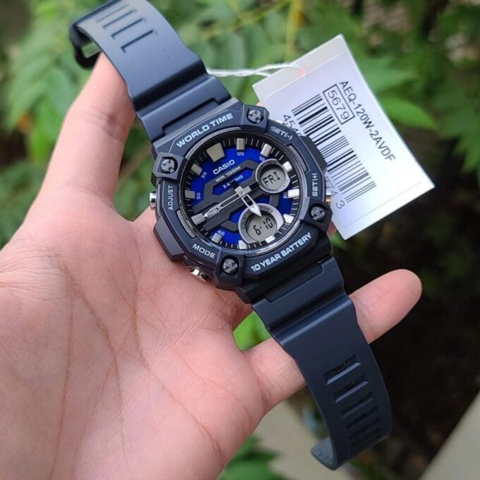 montre homme casio combinaison analogique numérique aeq 120w 2av bracelet noir en résine résistance à l'eau 10 atm
