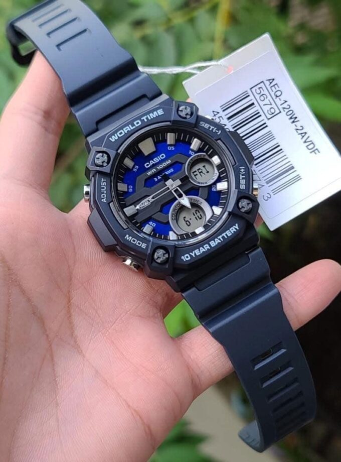 montre homme casio combinaison analogique numérique aeq 120w 2av bracelet noir en résine résistance à l'eau 10 atm