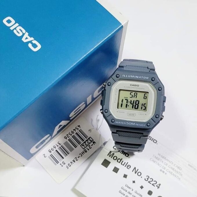 aiwatch_W-218HC-2AVDF - Montre Unisexe Casio Vintage Numérique W-218HC-2AV - Bracelet Bleu En Résine - Résistance à l'eau 5 ATM