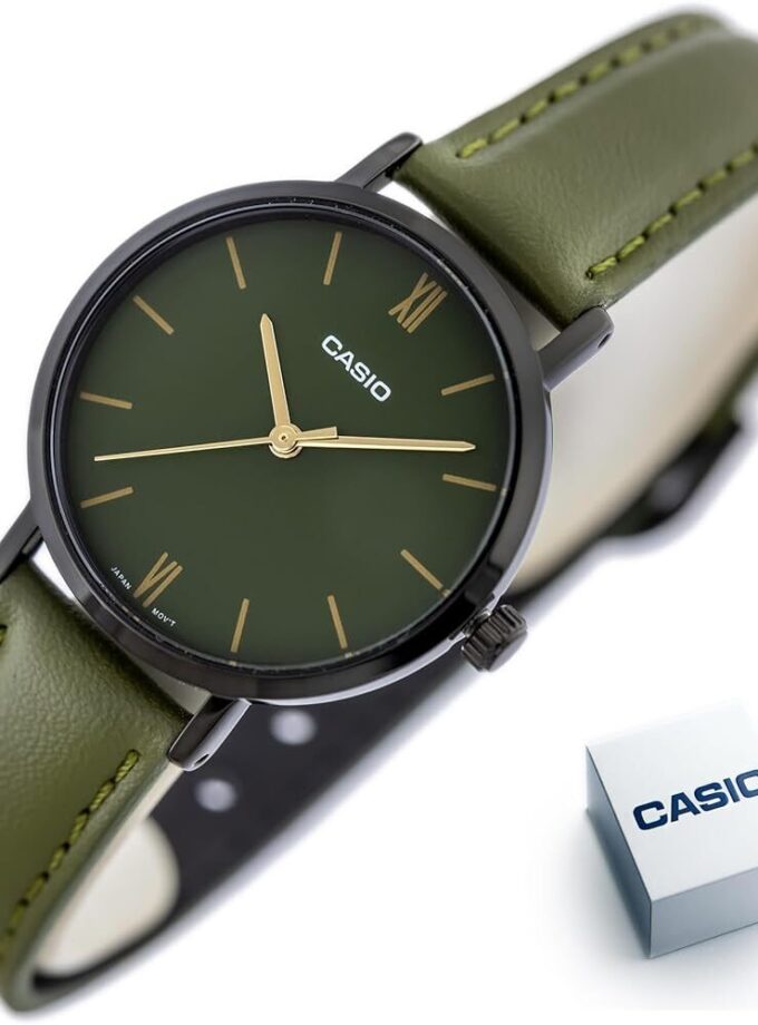 Montre Femme Casio Collection Analogique LTP-VT02BL-3A - Bracelet Vert en Cuir - Résistant à l'eau