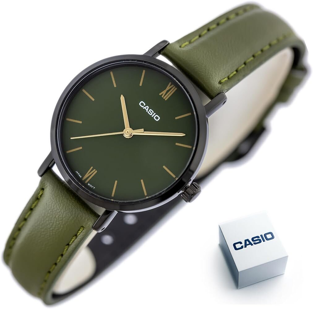 aiwatch_LTP-VT02BL-3AUDF - Montre Femme Casio Collection Analogique LTP-VT02BL-3A - Bracelet Vert en Cuir - Résistant à l'eau