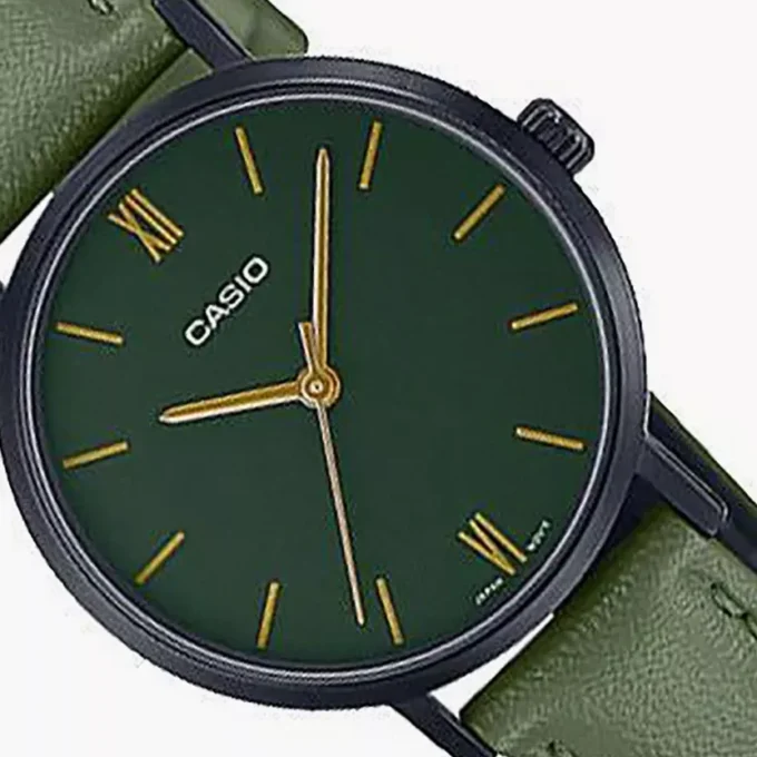 Montre Femme Casio Collection Analogique LTP-VT02BL-3A - Bracelet Vert en Cuir - Résistant à l'eau