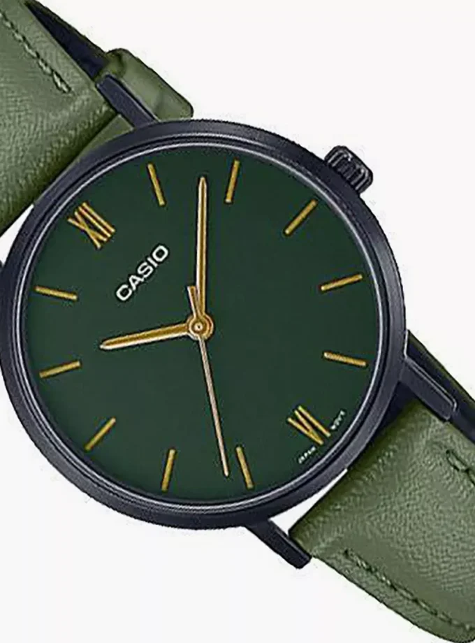 Montre Femme Casio Collection Analogique LTP-VT02BL-3A - Bracelet Vert en Cuir - Résistant à l'eau