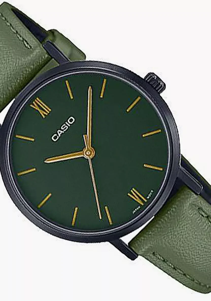 aiwatch_LTP-VT02BL-3AUDF - Montre Femme Casio Collection Analogique LTP-VT02BL-3A - Bracelet Vert en Cuir - Résistant à l'eau