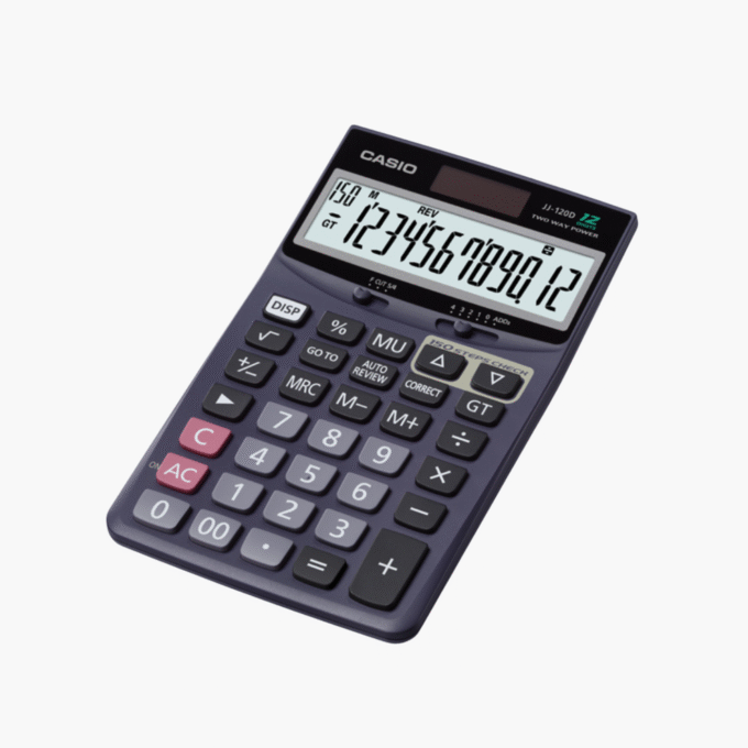 Calculatrice de bureau Casio JJ-120D - Compacte 12 chiffres, Grand écran LCD, Double alimentation solaire et batterie, Mémoire 150 calculs, Clavier ergonomique - Plastique - Noire