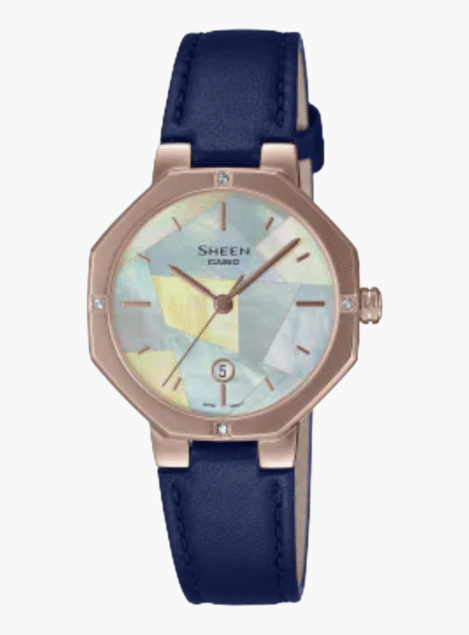 Montre Femme Casio Sheen Analogique SHE-4543CGL-2AUDF - Bracelet Bleu en Cuir Véritable - Résistance à l'eau 5 ATM - Verre Saphir