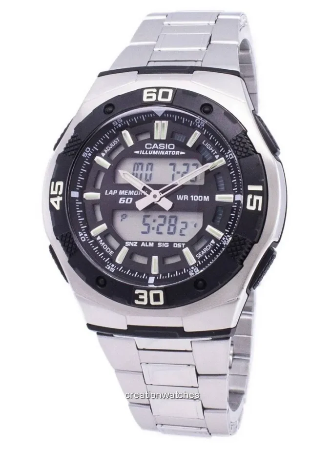montre homme casio aq 164wd 1avdf – chronomètre, calendrier, rétro éclairage led – bracelet acier inoxydable noir