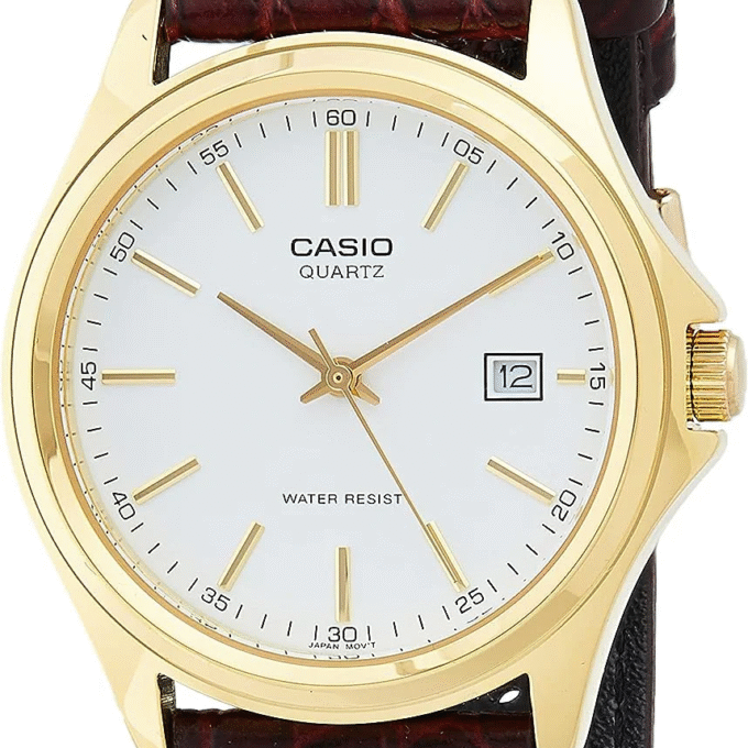 Montre Homme Casio Classique – Quartz, Date, Bracelet Cuir Marron, Cadran Blanc Or – Boîtier Laiton 33mm – MTP-1183Q-7ADF