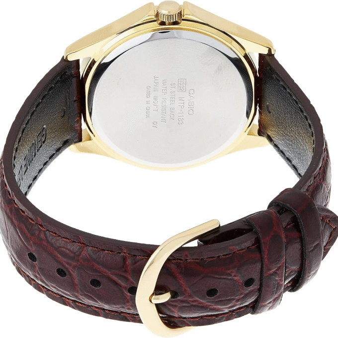 Montre Homme Casio Classique – Quartz, Date, Bracelet Cuir Marron, Cadran Blanc Or – Boîtier Laiton 33mm – MTP-1183Q-7ADF