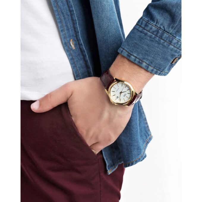 Montre Homme Casio Classique – Quartz, Date, Bracelet Cuir Marron, Cadran Blanc Or – Boîtier Laiton 33mm – MTP-1183Q-7ADF