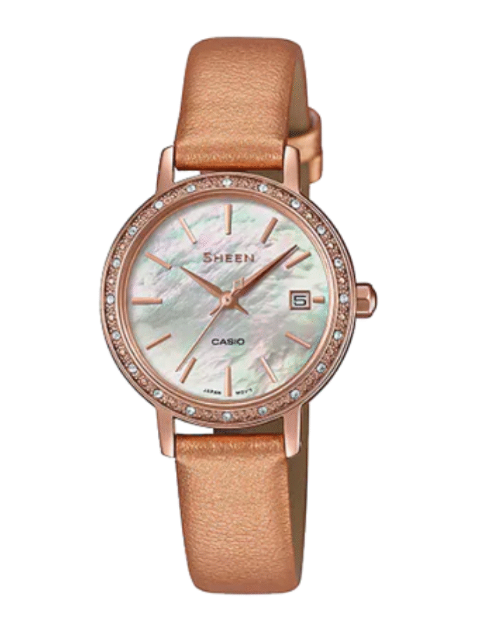 Montre Femme Casio Sheen Analogique SHE-4060PGL-4A - Bracelet Brun En Cuir Véritable - Résistance à l'eau 5 ATM