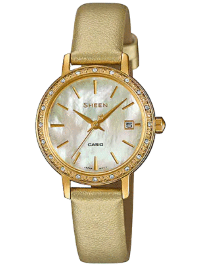 Montre Femme Casio Sheen - SHE-4060GL-9AUDF - Bracelet Dorée En Cuir Véritable - Résistance à l'eau 50 M