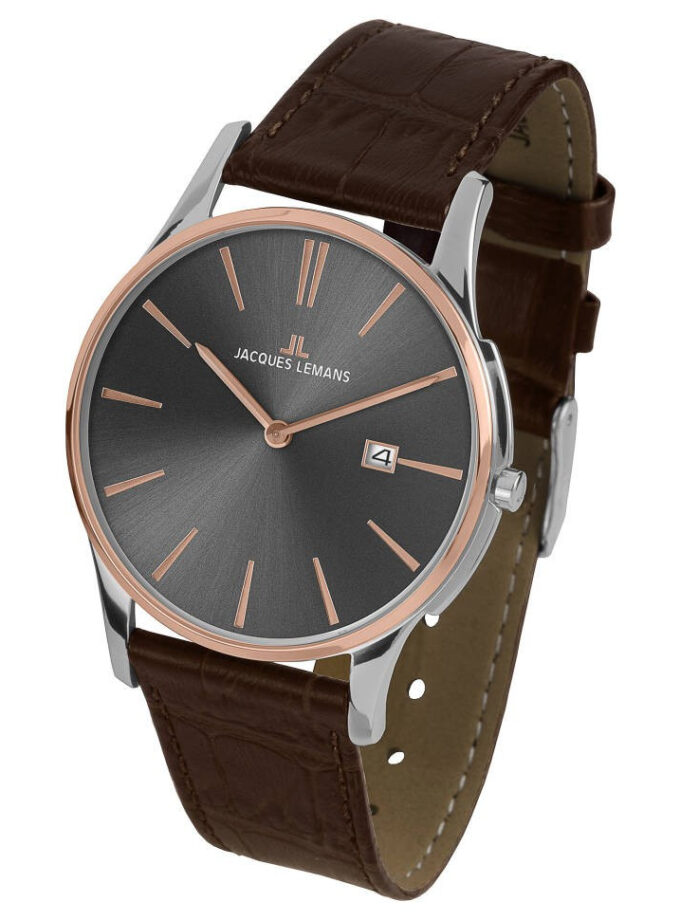 Montre Jacques Lemans Femme - Bracelet En Cuir Véritable Marron - Cadran Gris - Etanche - Garantie 12 mois - 1-1937E