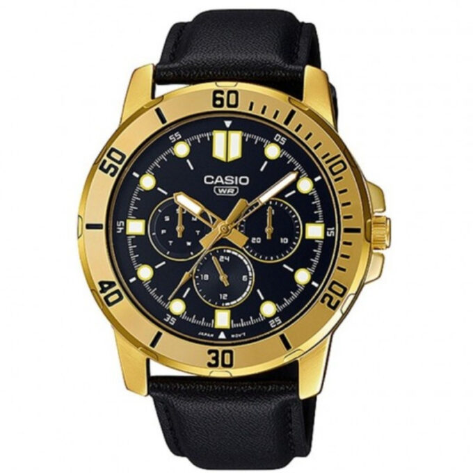 Montre CASIO Homme - Bracelet Noir En Cuir Véritable - Résistante à l'eau - 12 Mois De Garantie - MTP-VD300GL-1EUDF