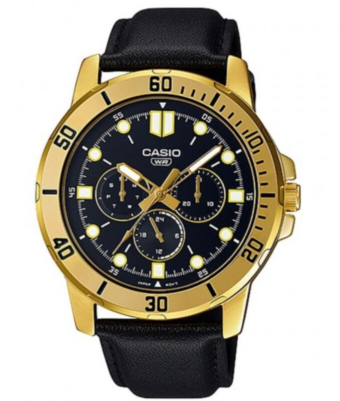 Montre CASIO Homme - Bracelet Noir En Cuir Véritable - Résistante à l'eau - 12 Mois De Garantie - MTP-VD300GL-1EUDF