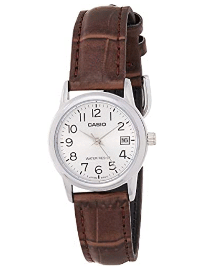 Montre CASIO Femme - Bracelet Marron En Cuir Véritable - Cadran Blanc - 12 Mois De Garantie - LTP-V002L-7B2UDF