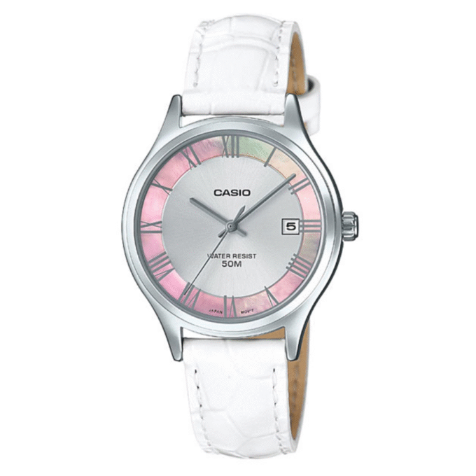 Montre CASIO Femme - Bracelet Blanc En Cuir Véritable - Cadran Blanc - 12 Mois De Garantie - LTP-E142L-7A1VDF