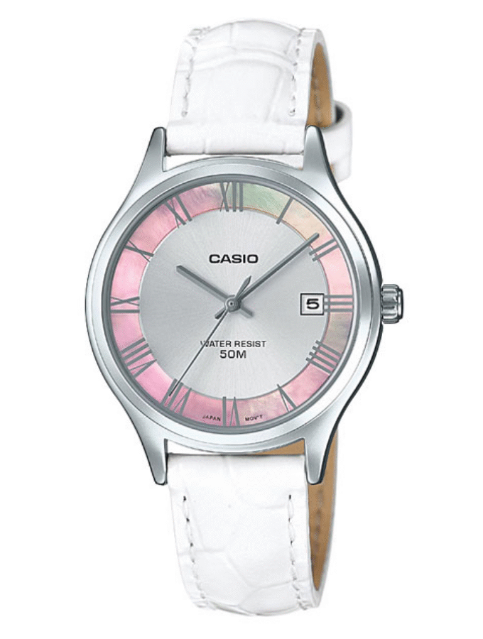 Montre CASIO Femme - Bracelet Blanc En Cuir Véritable - Cadran Blanc - 12 Mois De Garantie - LTP-E142L-7A1VDF